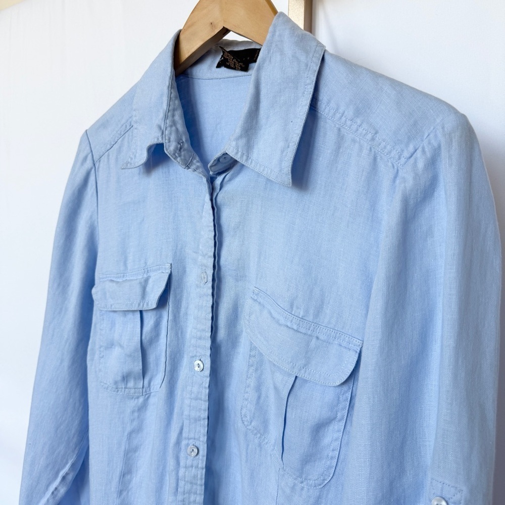 Grace Elements Women's 1X 100% Linen Blue ButtonUp Shirt Roll Tab Sleeves Casual